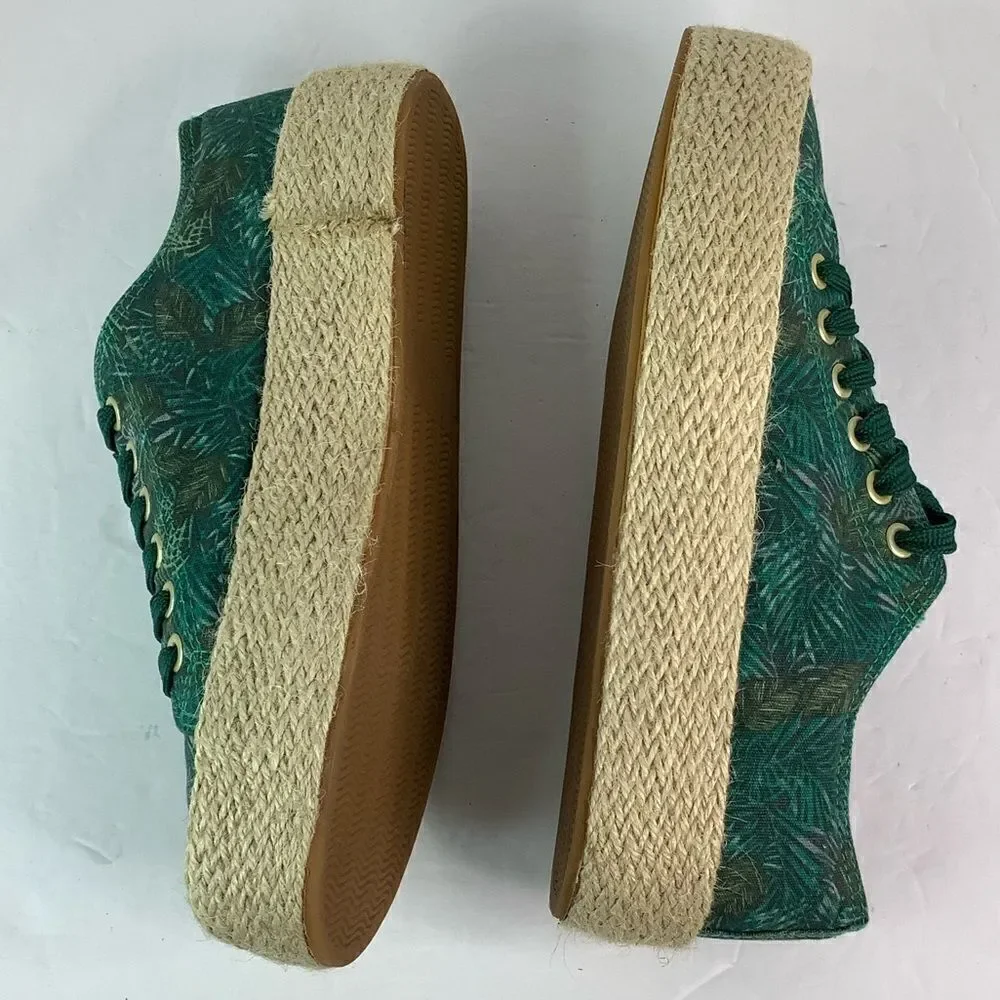 GEMO Round Toe Lace Tie Platform  Green/Leafs Print Espadrilles Sz 38/US 7.5